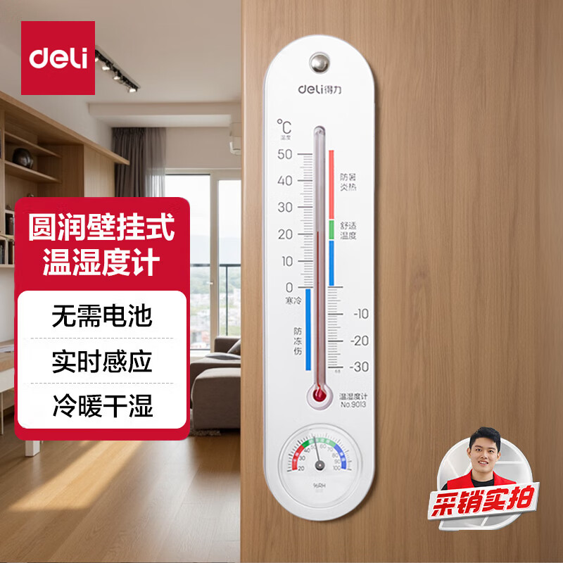得力（deli）经典挂壁式温度计 家用室内温度表 免电池温湿度计 银色 9013