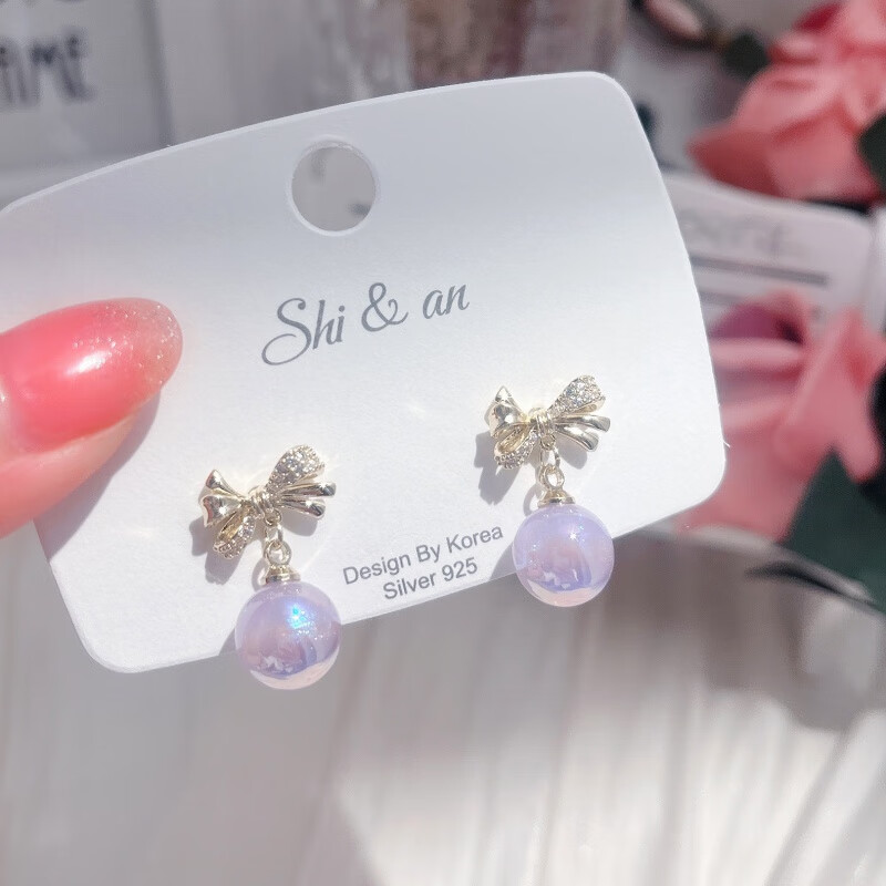 巴克乐乐品质款925银针微镶锆石人鱼姬珠子耳坠耳钉 立体蝴蝶结彩珠