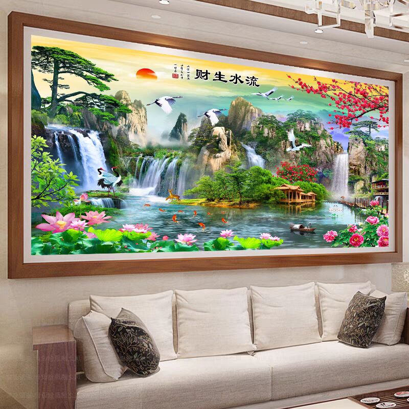 css线绣十字绣2024新款客厅风景山水画流水生财满绣自己绣手工迎客松