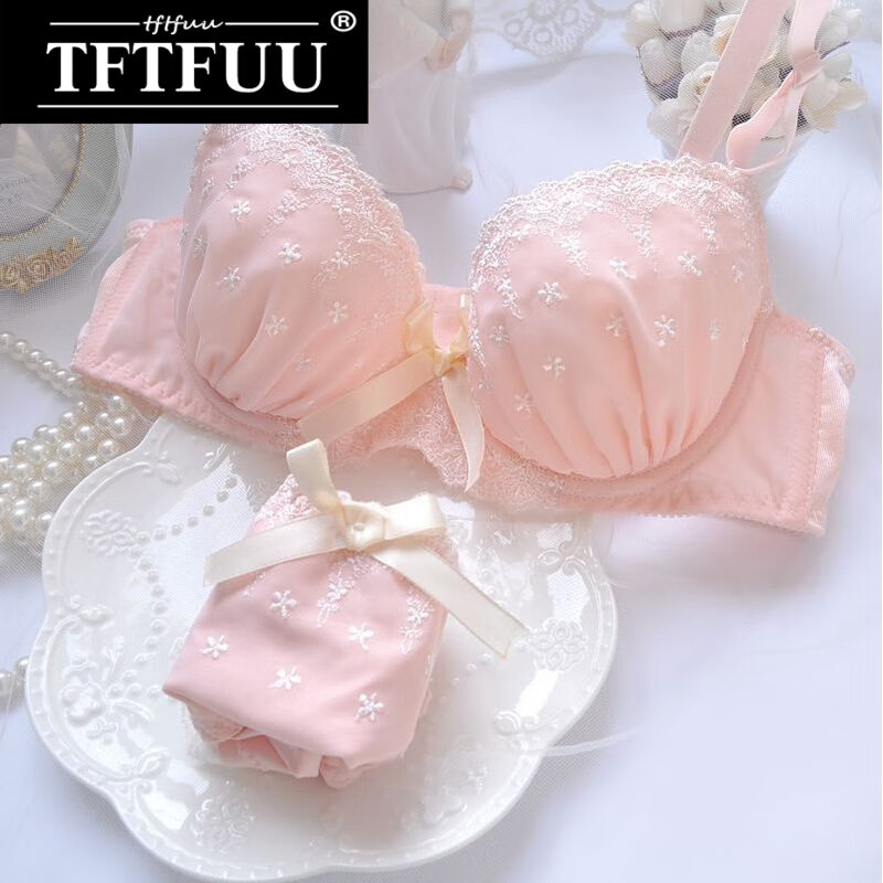 日系三色雪纺刺绣薄罩杯少女可爱聚拢性感内衣套装文胸套装有 粉色