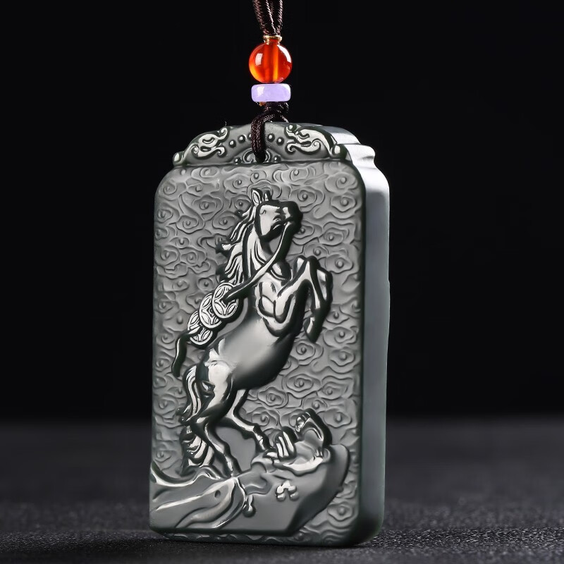 迎淇轩和田玉山水马牌吊坠青玉细料双面雕刻马到成功生肖马玉坠附证书