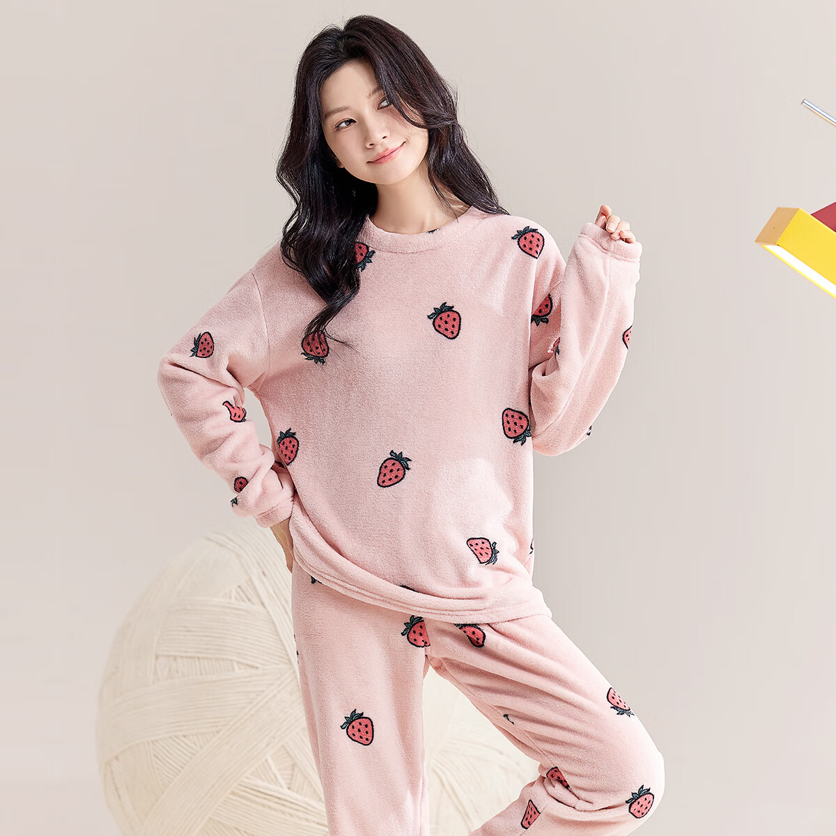 都市丽人女士睡衣女加绒冬季法兰绒加厚保暖圆领套头可外穿家居服套装女 【草莓法兰绒】粉色 XL