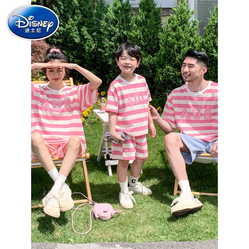 迪士尼（Disney）夏季新款儿童亲子装时尚条纹短袖短裤两件套一家三四口家庭装 4US套装-蓝色 80cm