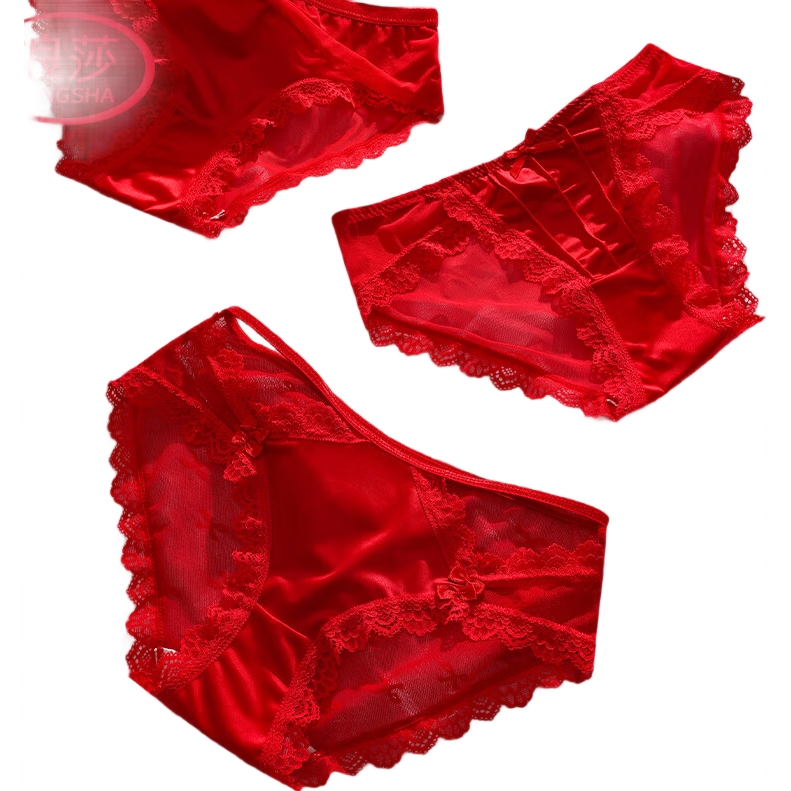 浪莎大红女士内裤女本命年蕾丝3条属马年新娘结婚性感纯棉裆骐骥短裤