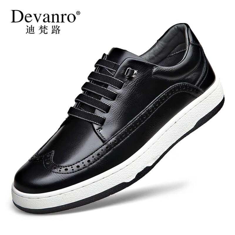 迪梵路（Devanro）品牌奢侈男士休闲鞋时尚潮流布洛克男鞋厚底透气板鞋一脚蹬潮鞋 黑色 38