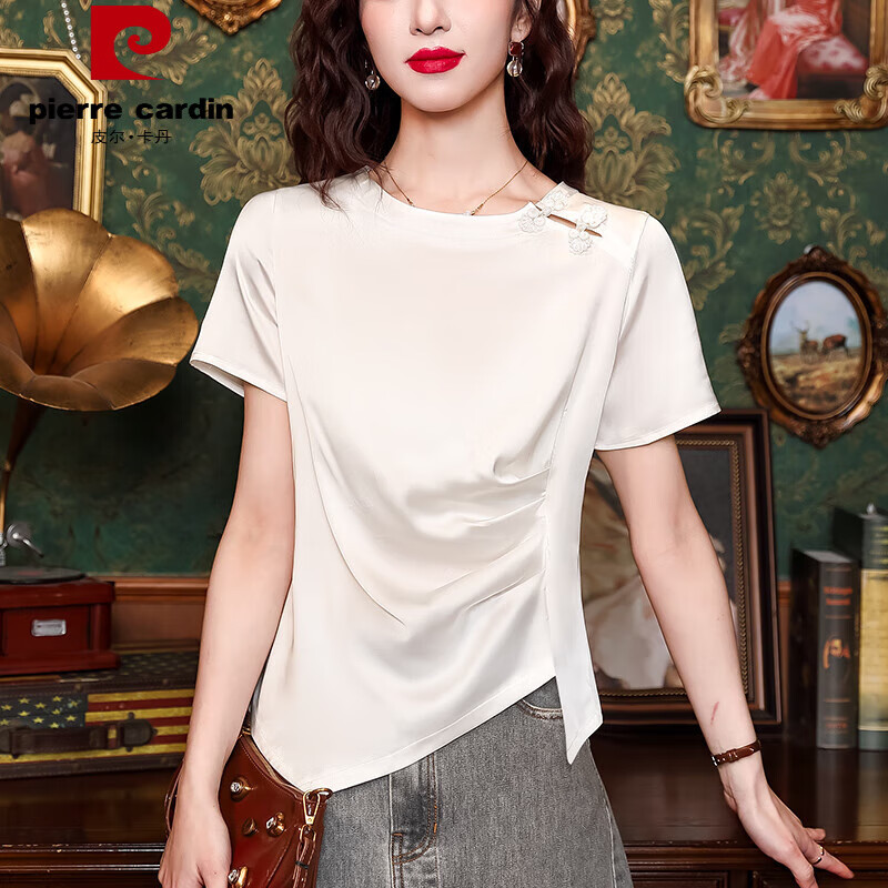 皮尔卡丹品牌不规则醋酸t恤女装真丝短袖夏季新款中式盘扣修身开叉桑