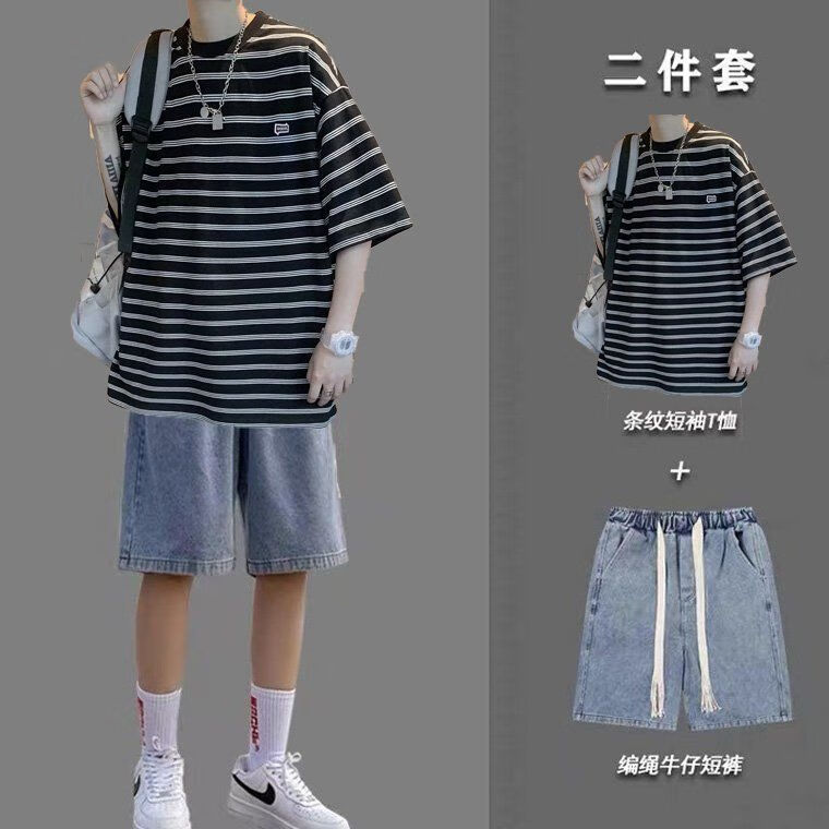 德洛宾夏天t恤条纹短袖男夏季港风ins简约情侣五分袖t恤搭配一套帅气