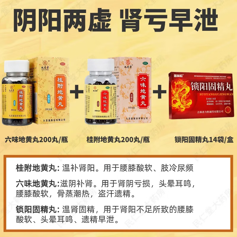 腎陰陽兩虛雙補】補腎吃什么好 九芝堂六味地黃丸虛滋陰補腎腰膝酸軟盜汗遺精 腎虧早泄】六味+桂附+鎖陽固精各一盒