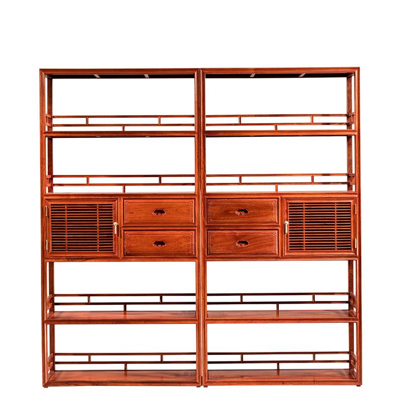 广典红木家具缅甸花梨(学名:大果紫檀)中式古典实木书橱组合 雕花榫卯书柜 品字栏杆书架 品字栏杆书架1对