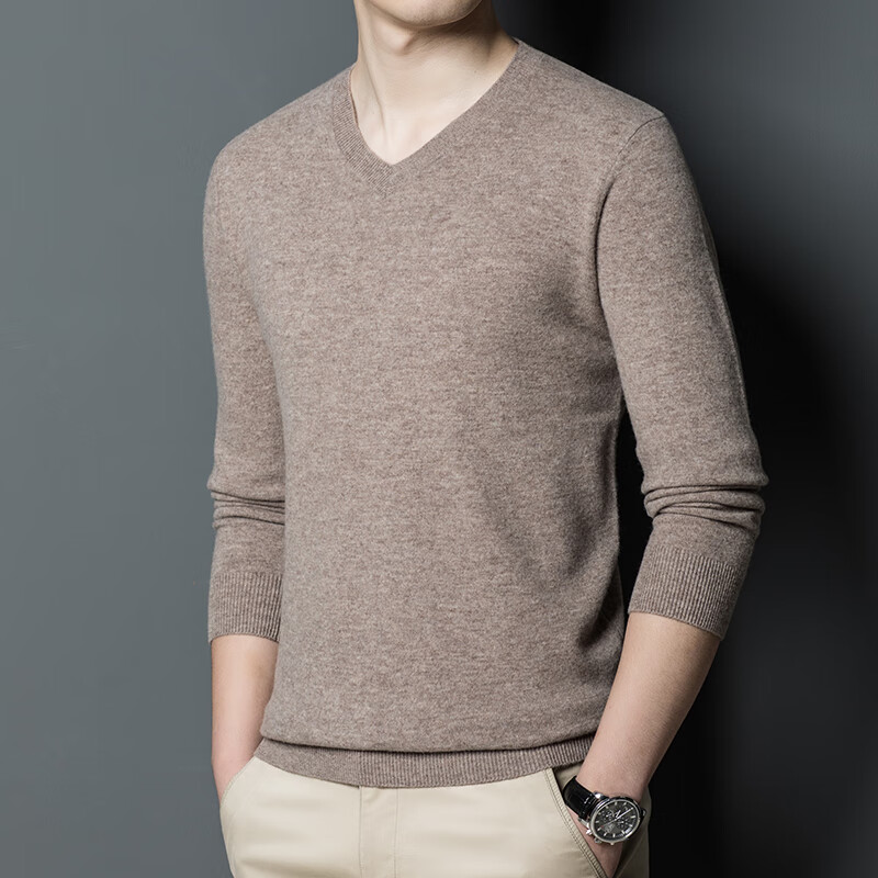 杜宾爵新款羊绒衫V领男士毛衣中年针织羊绒衫 男中年秋冬羊绒衫男式套头 花米驼 M
