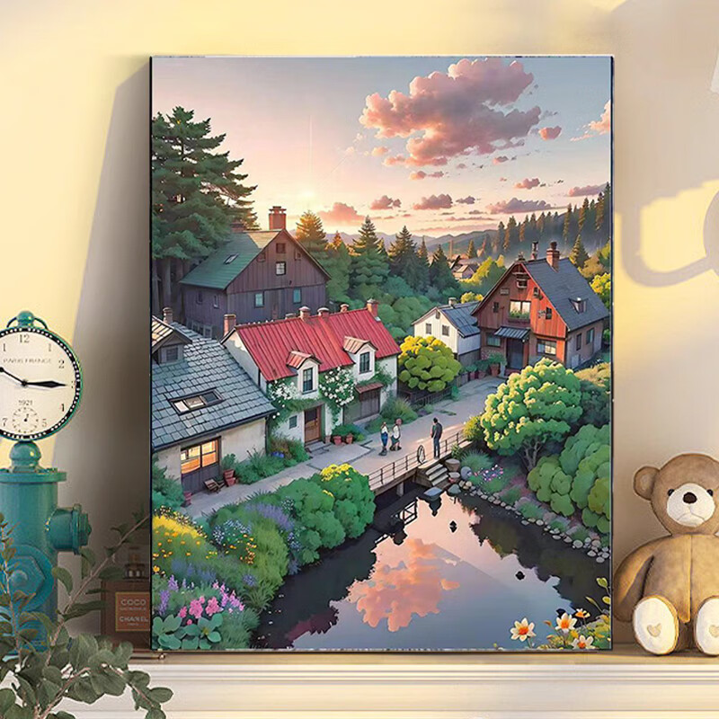 风景花卉手绘油画填色客厅装饰画儿童手工画动漫挂画 理想小镇-3060