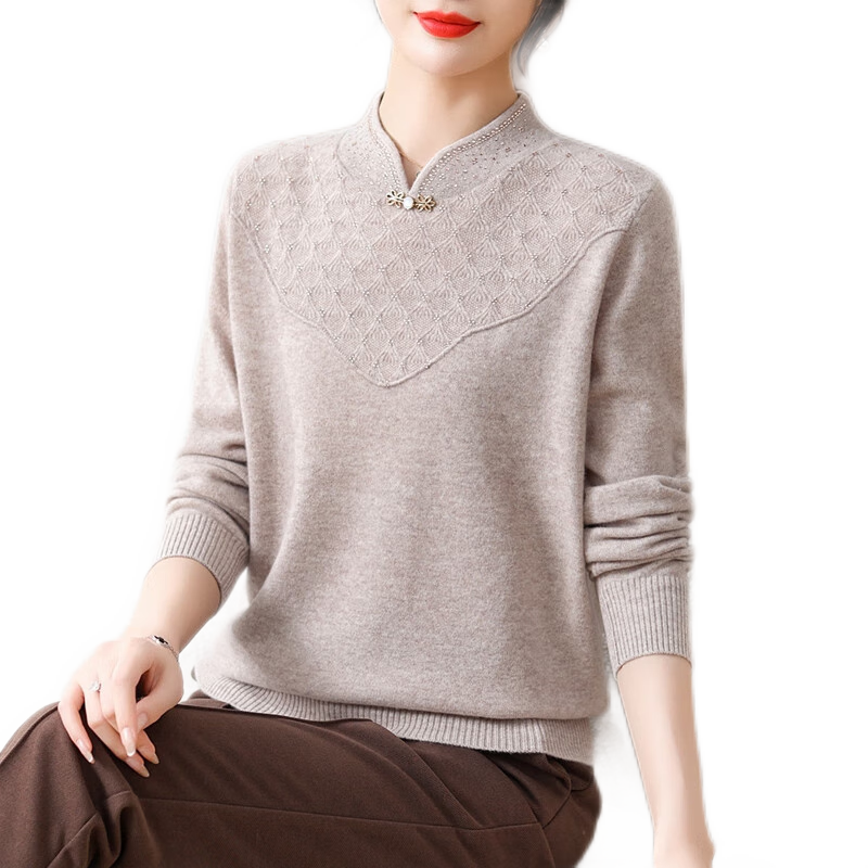 恒源祥100%纯羊毛衫女新中式旗袍领中老年妈妈冬装50-60岁洋气打底毛衣 358元