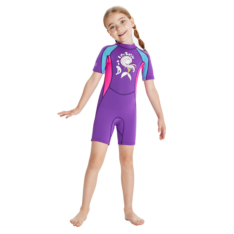 VVIR EER儿童泳衣女童男童冬季加厚防寒保暖小孩连体保温长袖游泳衣潜水服 后开拉链 紫色短袖（加厚保暖） L（身高120-130CM）