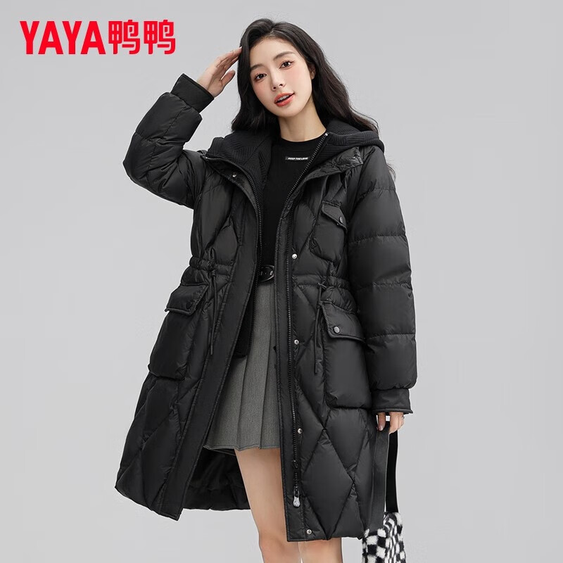 鸭鸭长款羽绒服女过膝2025年新款冬季连帽加厚女士时尚收腰显瘦外套 咖色 M