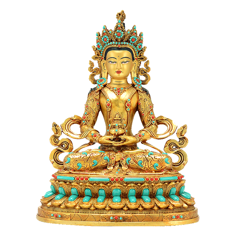 全鎏金《長壽佛銅像擺件》居家佛堂神龕供奉《常壽佛》佛像擺飾彩珠鑲嵌工藝品銅雕 7寸 銅像
