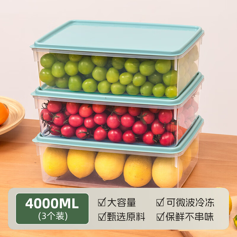 禧天龙冰箱收纳盒保鲜盒食品级密封保鲜冷冻专用厨房水果蔬菜鸡蛋储物盒 4L【食品级】3个装