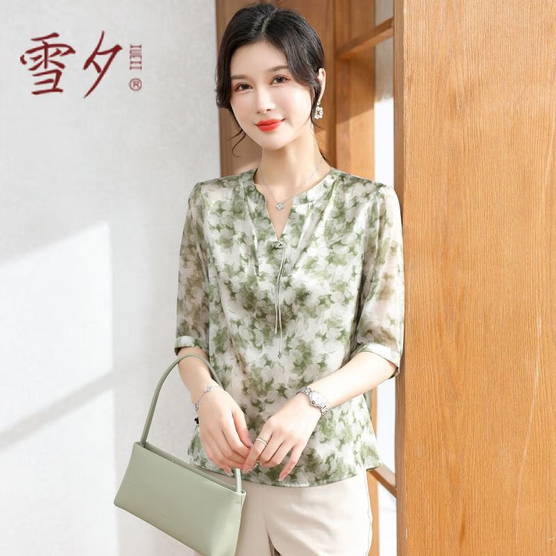 雪夕(xuexi)妈妈夏装七分袖气质真丝上衣2024新款贵夫人大码中老年桑