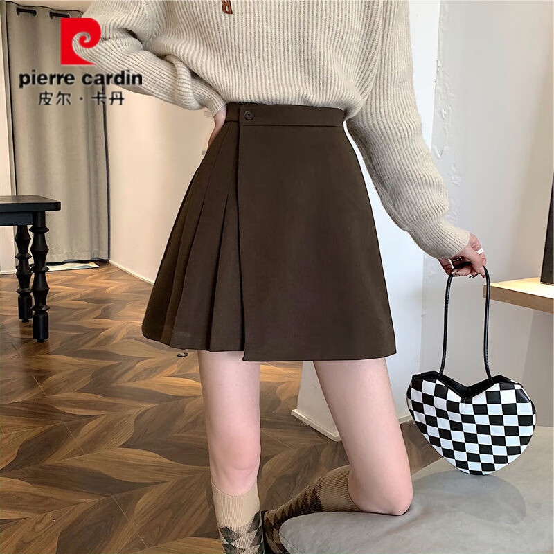皮尔卡丹毛呢百褶裙春秋不规则半身裙子新款a字高腰显瘦包臀短裙 黑色  M码：建议100-110斤