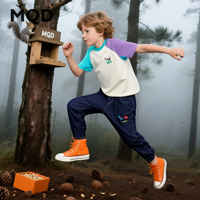 MQD 男大童撞色插肩袖卡通短袖 紫色/草绿