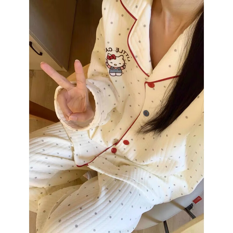 禾回helloKitty夹棉睡衣女冬季甜美卡通空气棉加厚学生休闲家居服套装 白色 波点kt猫 夹层款 M （80-100斤）