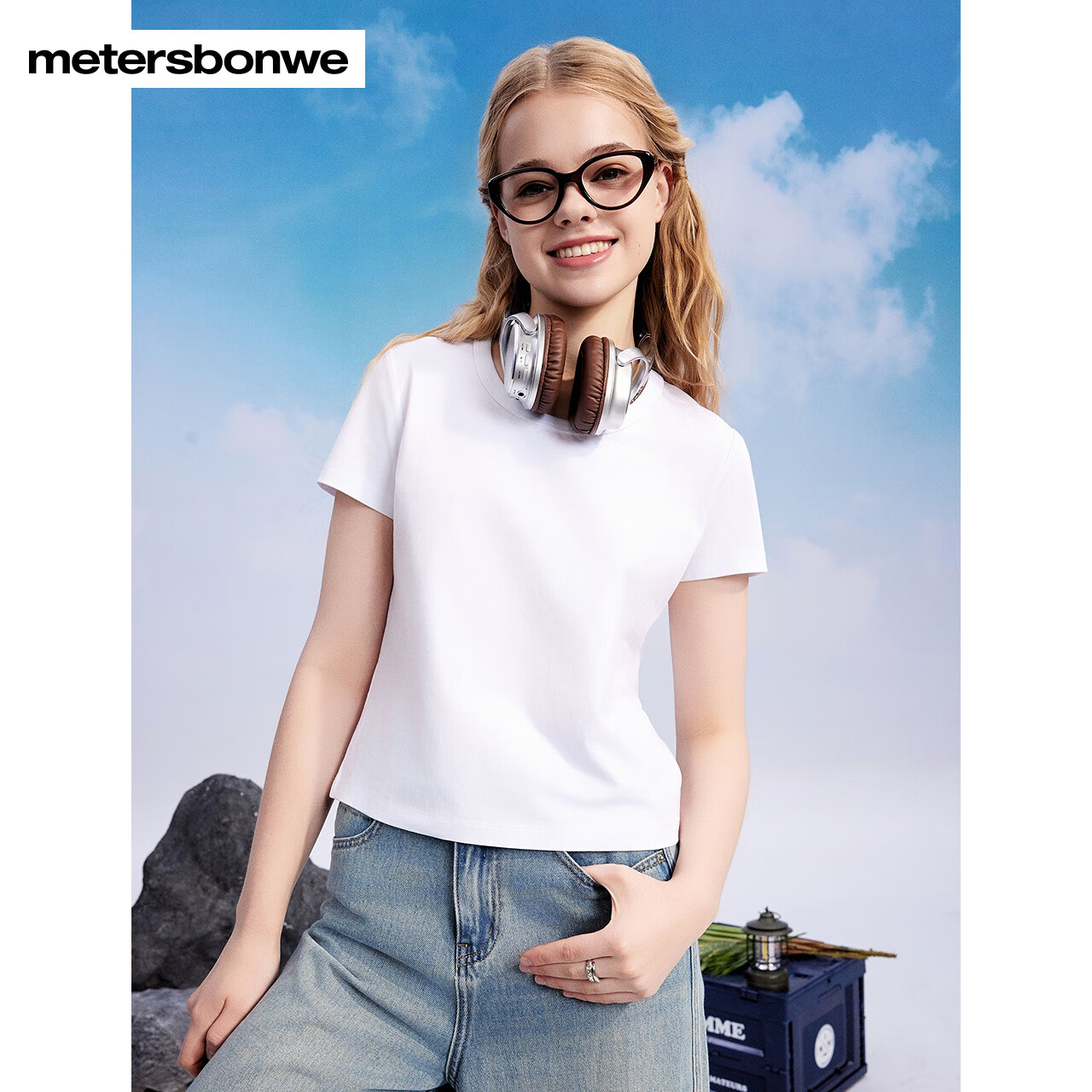 美特斯邦威短袖T恤女士新款U领纯色简约透气百搭打底t恤透气 航线蓝 XL 170 92A