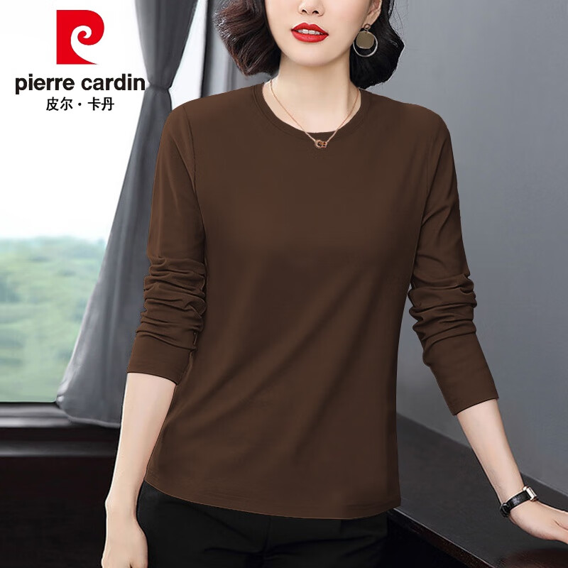 皮尔卡丹（pierre cardin）高档中年妇女纯棉长袖t恤女上衣春秋内搭女士女装打底衫中年秋衣 咖啡色 2XL建议130-140斤