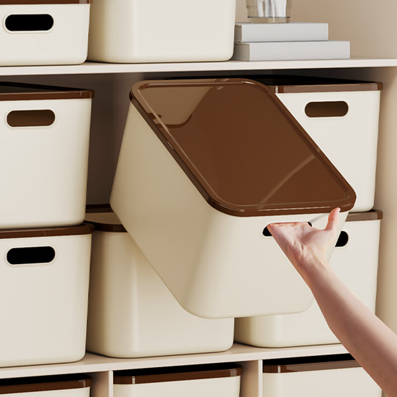 稻草熊桌面收纳盒家用杂物零食化妆品整理收纳箱长方形带盖储物箱收纳篮 奶咖极简收纳盒【35*25*20.5cm】 3个装