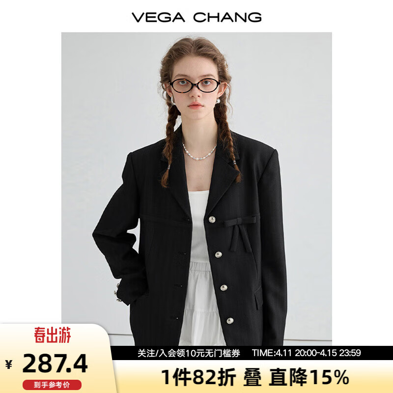 VEGA CHANG黑色小西装女2024年春季新款高级感暗纹蝴蝶结西服外套 精纺黑 M