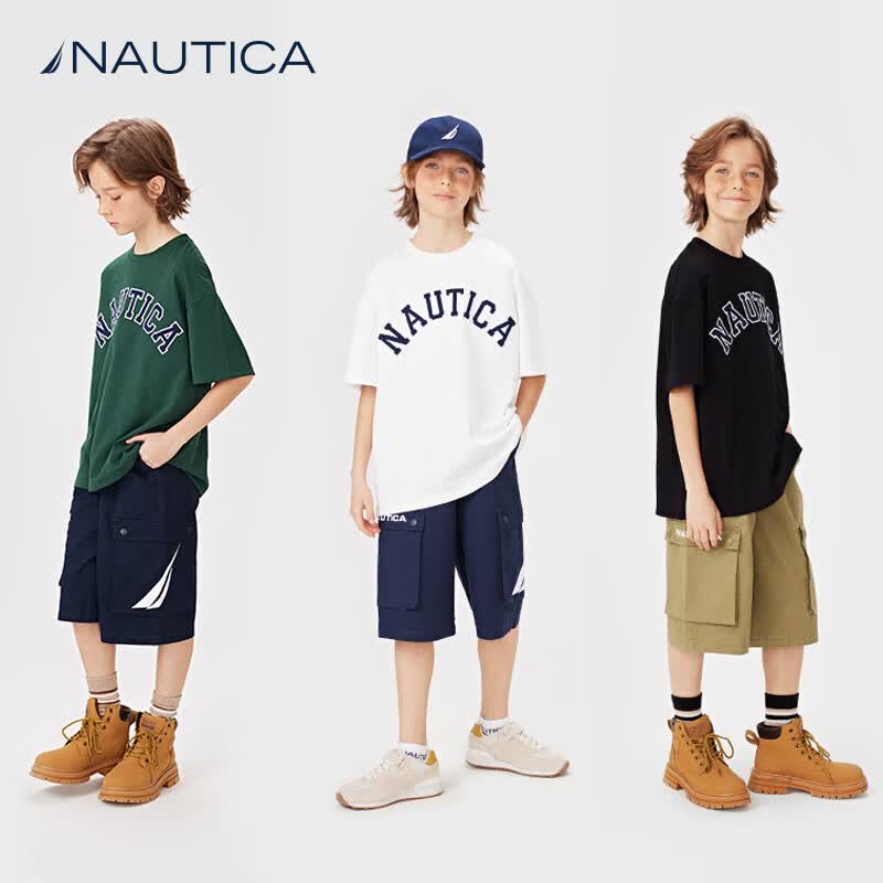 NAUTICA诺帝卡童装 男童女t恤夏季儿童透气短袖全棉大童春装上衣衣服 墨绿-短袖（清仓价） 140
