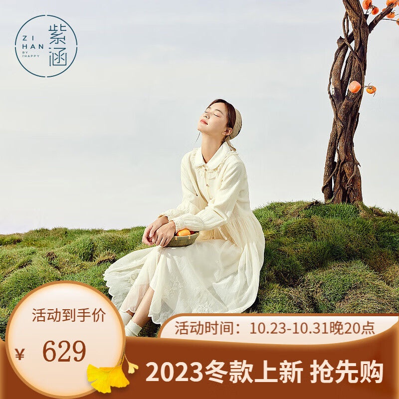 紫涵森系连衣裙套装女2023冬季新款网纱罩衫娃娃领中长裙花卉刺绣 米金 S属于什么档次？