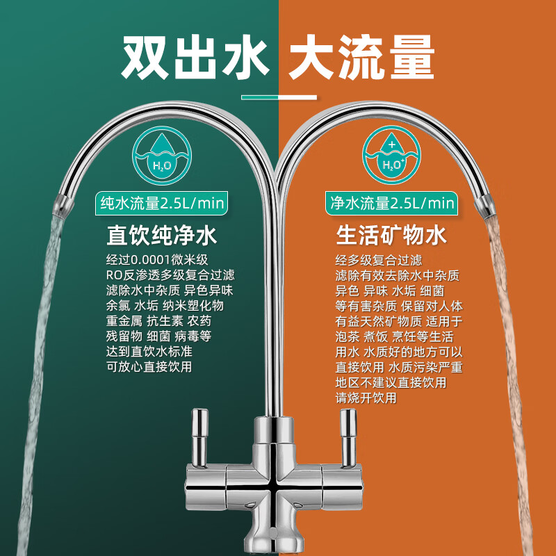 乐喝25新款净水器双出水RO反渗透直饮机家用纯水机厨房自来水过滤净水机壁挂管线机前置过滤器三件套装 G=双出水净水器+备用滤芯1套