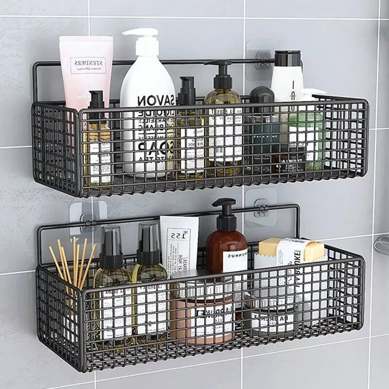 【现发】卫生间置物架免打孔浴室壁挂洗漱淋浴房墙上收纳厕所用品 黑超大号1个排勾1个无痕贴