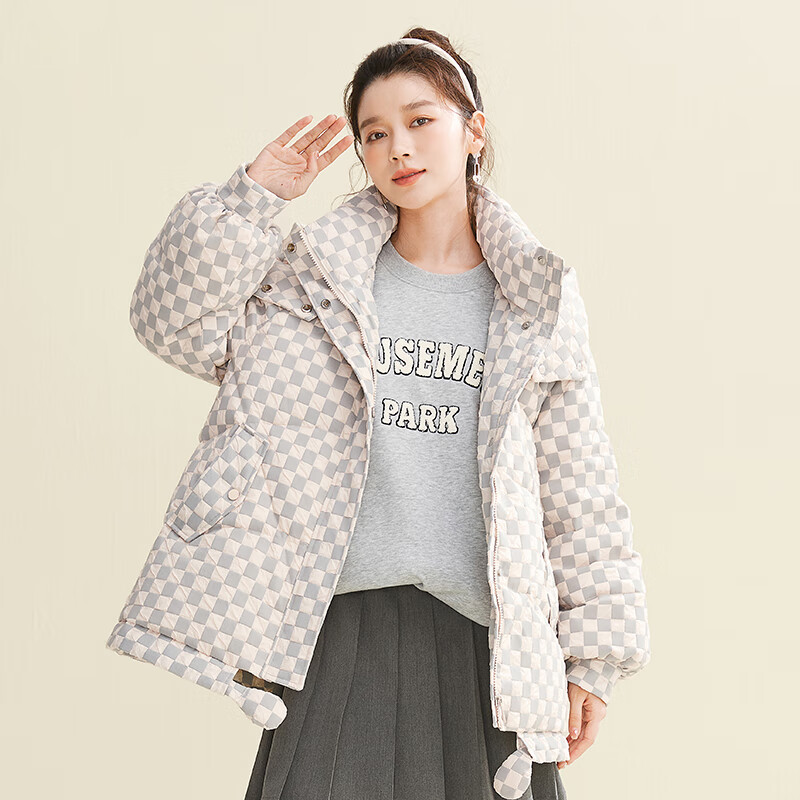 雪中飞羽绒服女款短款韩版时尚秋冬品牌清仓棋盘格宽松保暖百搭公主风 绿色 S/155(85-110斤)