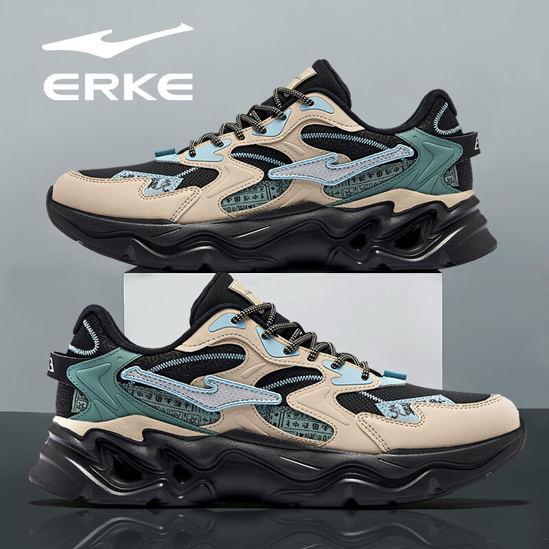 鸿星尔克（ERKE）男鞋2025秋冬新款增高休闲老爹鞋官方正品皮面保暖黑色软底运动鞋 正黑/浅亚麻（革面）2004 41 【品牌直营】