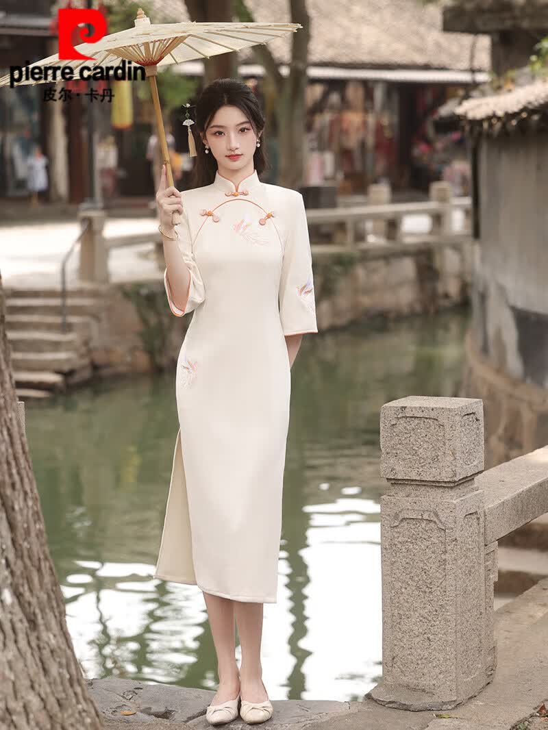 皮尔卡丹轻奢高端女装 旗袍2022年新款女夏季改良版连衣裙长款年轻款早秋中国风今年流行针织 香槟色 3XL怎么样,好用不?