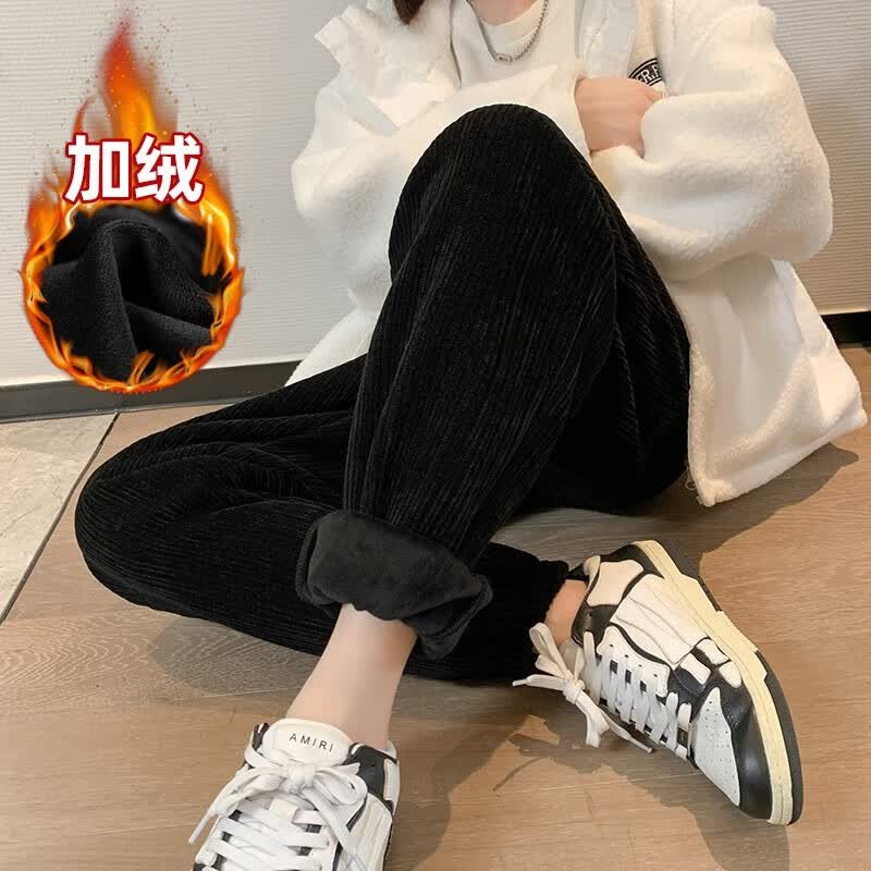 拍拍狼奶油雪尼尔裤女冬季加绒加厚高腰灯芯绒哈伦裤潮流百搭束脚卫裤 黑色（束脚款加绒加厚） 均码（80-140斤）高性价比高么？
