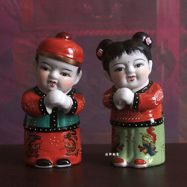 妙普乐瓷娃娃摆件 景德镇陶瓷娃娃新房装饰结婚礼品 金童玉女善财童子