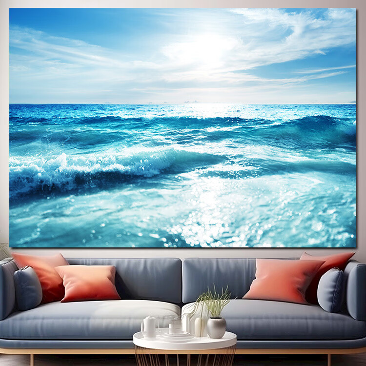 海浪大海蓝天风景画海水白云波涛汹涌装饰挂画海洋墙贴纸海景贴画