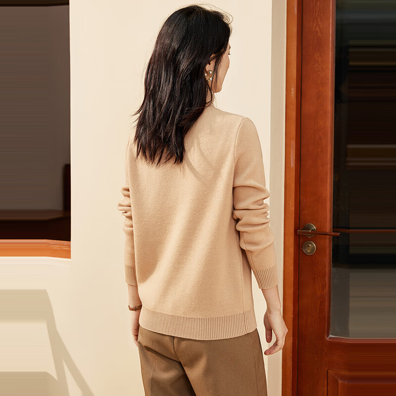 恒源祥厚款保暖纯羊毛衫女秋冬季新款高领套头毛衣纯色打底女装针织衫 奶咖色 M /165/88A