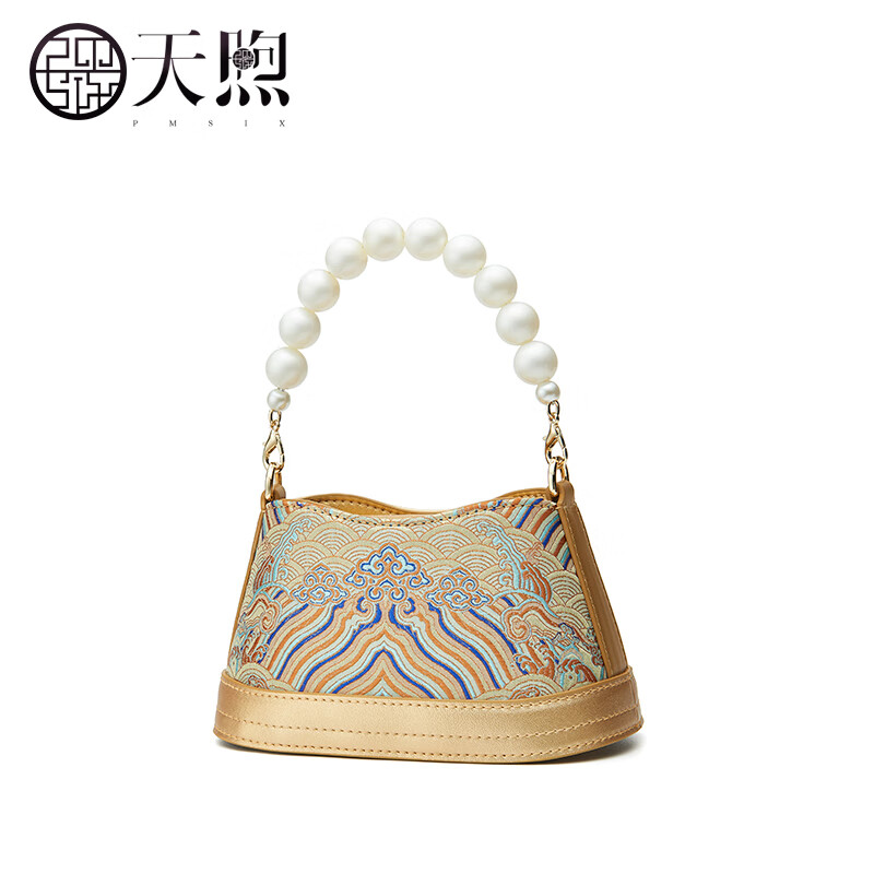 PmSix新中式国风复古刺绣马蹄女包放手机小包珍珠手拎包百搭汉服旗袍包 浅紫色-送礼盒装