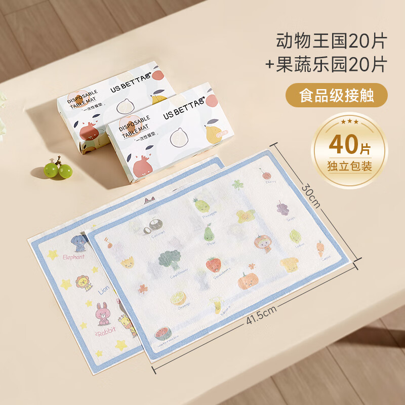 贝肽斯一次性餐垫宝宝便捷外出婴儿餐垫防油防水儿童吃饭餐椅桌布 【优惠套餐 0.898/片】动物+果蔬乐园共40片
