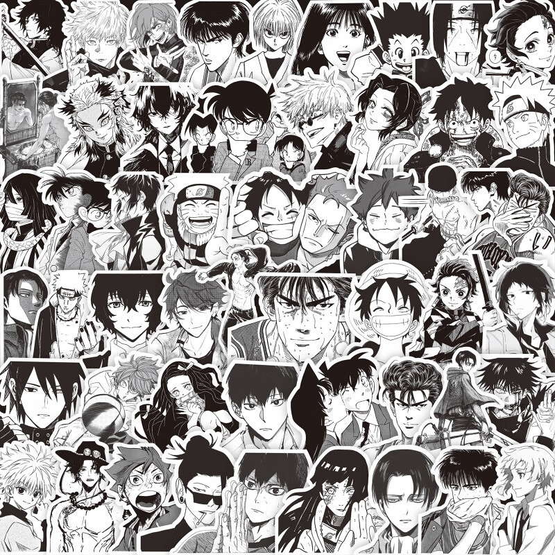 咒术回战贴纸乙忧太五条悟1000张黑白动漫贴纸鬼灭之刃火影海贼的 黑白动漫混合贴纸75枚(固定图案