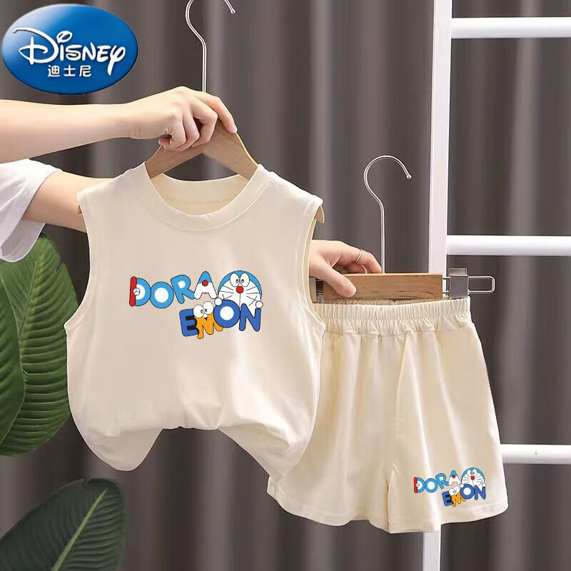迪士尼（Disney）夏装新款男童背心套装小童宝宝夏天衣服儿童无袖短裤夏季两件套 杏色小猫（一套) 80码（冰丝亲肤透气）