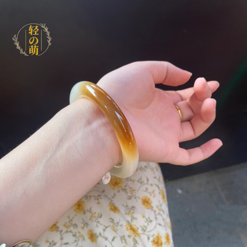 轻萌新疆和田玉糖料白玉手镯女扁条真天然俏色羊脂玉金丝玉石镯子 圆