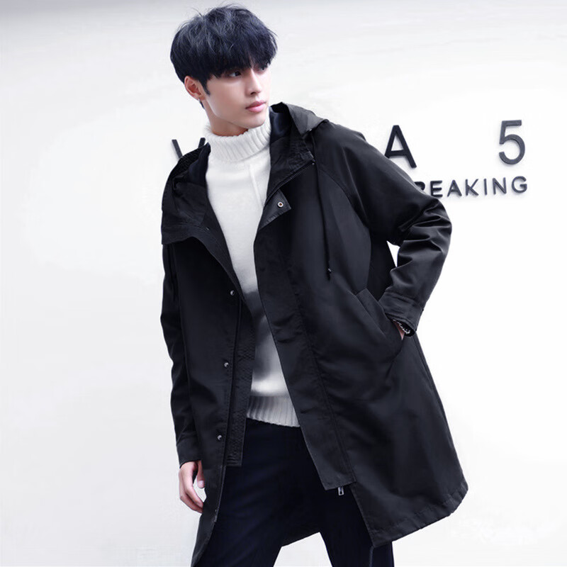 胖子特大码男装春秋风衣宽松中长款外套加肥加大连帽休闲风衣服 黑色