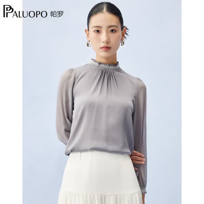 帕罗（PALUOPO）19姆米弹力双乔夏女士真丝长袖t恤荷叶领褶皱重磅木耳边缎面衫 蓝灰色 M (160/84A)