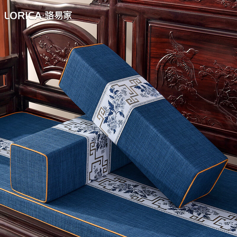 骆易家（Lorica） 水墨青花中式扶手枕红木沙发中国风长条方形靠枕可拆洗定制 国色芳华（麻）-蓝色 定制15*15*50cm（含海绵）一个