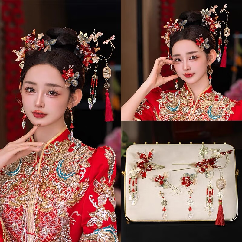 胖东来同款DL 1998秀禾服头饰新中式秀禾2025新款结婚龙凤褂大 新娘结婚头饰+耳夹