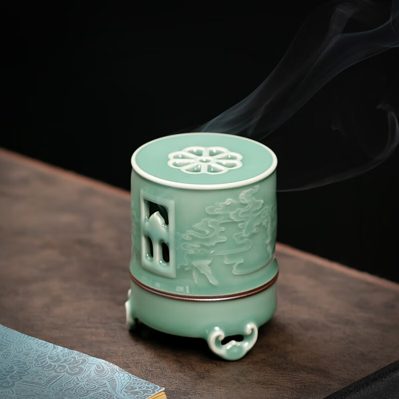 京峰阁 龙泉青瓷如意仙鹤香炉摆件 黄柯仿古全手工陶瓷盘香檀香沉香熏