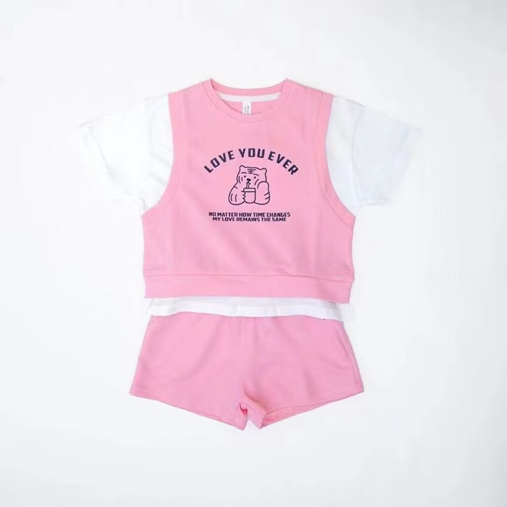 圣琪朵两岁女孩衣服儿童一到两岁炸街可爱女童假两件短袖t恤短裤套装